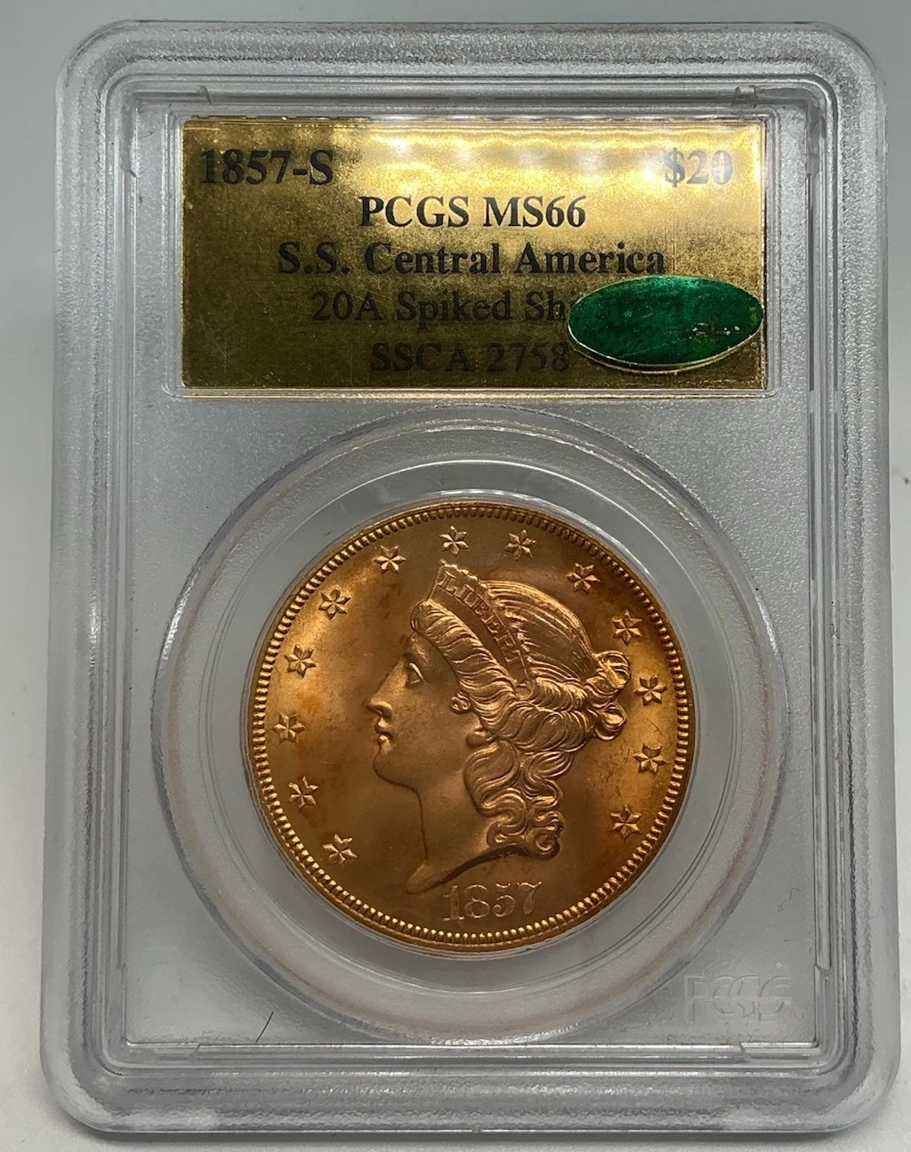 1857-S PCGS MS66 CAC $20 Gold Spiked Shield S.S. CENTRAL AMERICA Shipwreck