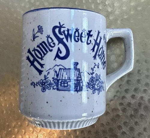 Home Sweet Home Vintage Cup Mug Japan Speckled Pottery Blue On White 3.5” Tall
