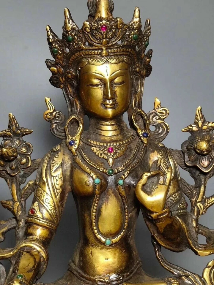Antiguo Tíbet Bronce Incrustación Gema 7 Ojos Blanco Tara Espíritu de Compasión Diosa Estatua Foto 2 de 4