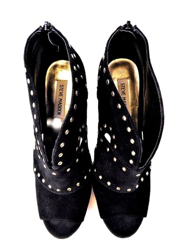 Steve Madden Woman's 9.5 Black Suede Studded Peep Toe Platform Ankle Boot Shoes - Picture 5 of 11