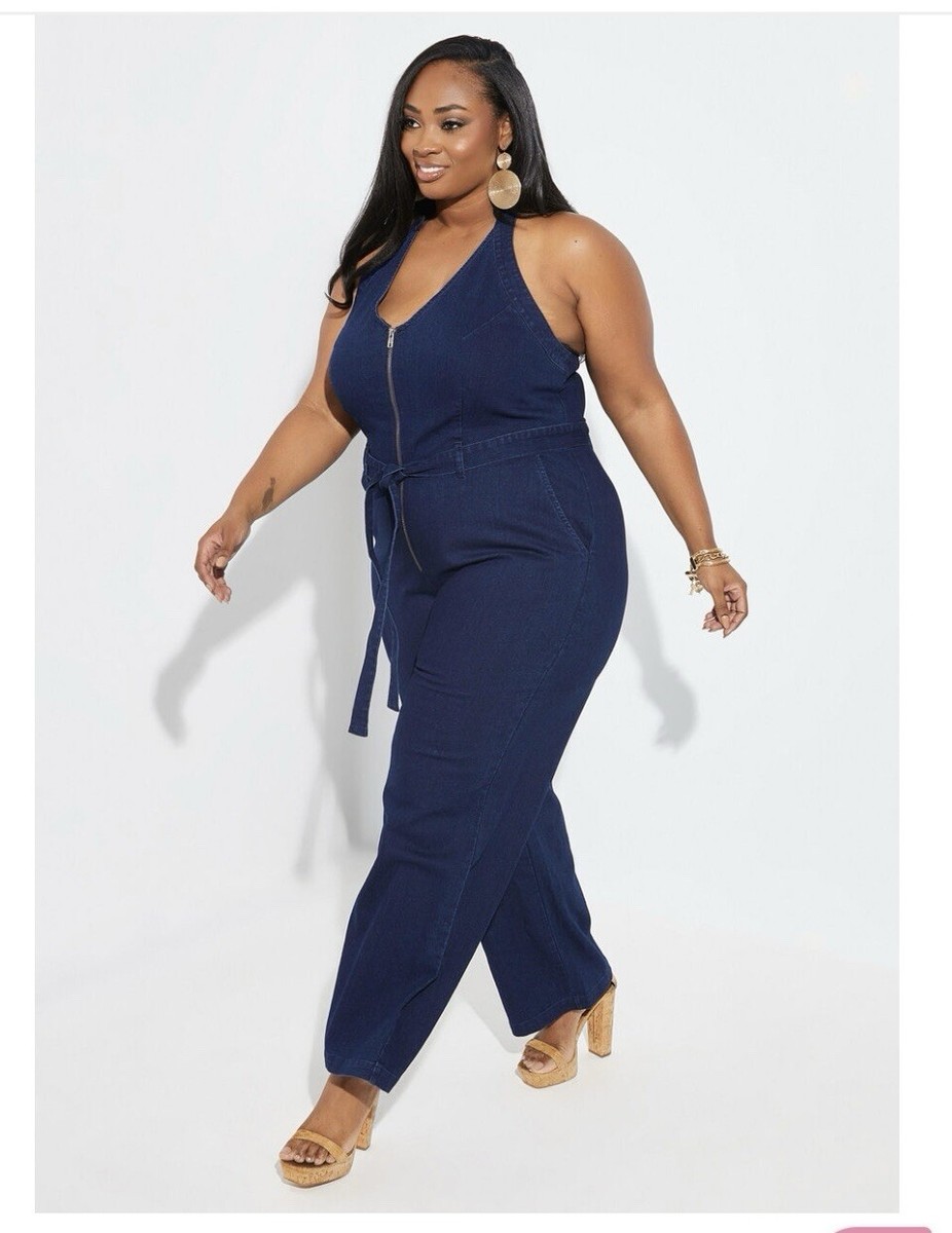 Ashley Stewart Halterneck Stretch Denim Jumpsuit Sz 18 - Main Image