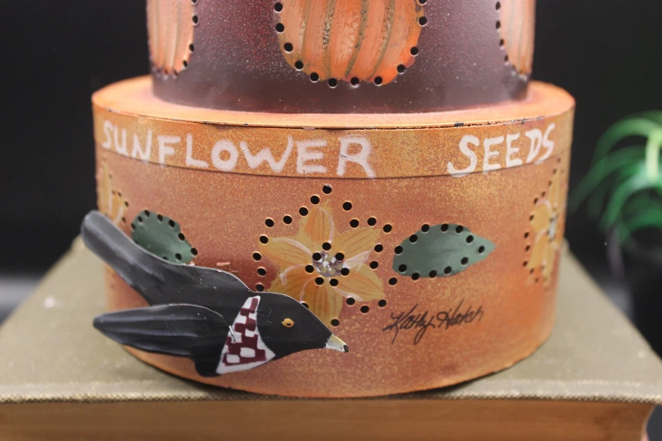Primitive Fall Harvest Tin Punched Stacked Seed Boxes and Crow by K Hatch 2002 - Image 4 of 4