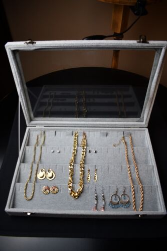 Velvet Earring/Necklace Organizer with Latches - Glass Top - Includes Jewelry - Picture 1 of 15