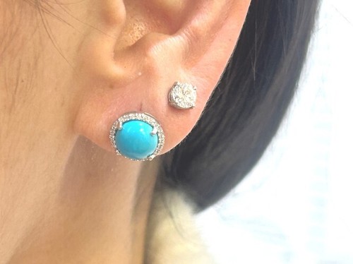 14K White Gold Turquoise & Diamond Round Stud Earrings 0.02 Carat Total Weight