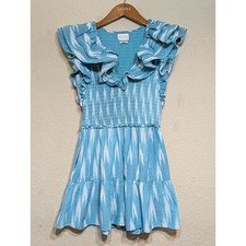 SAYLOR Smocked Ruffle Dress Blue White Ikat Sleeveless Mini Summer Casual S