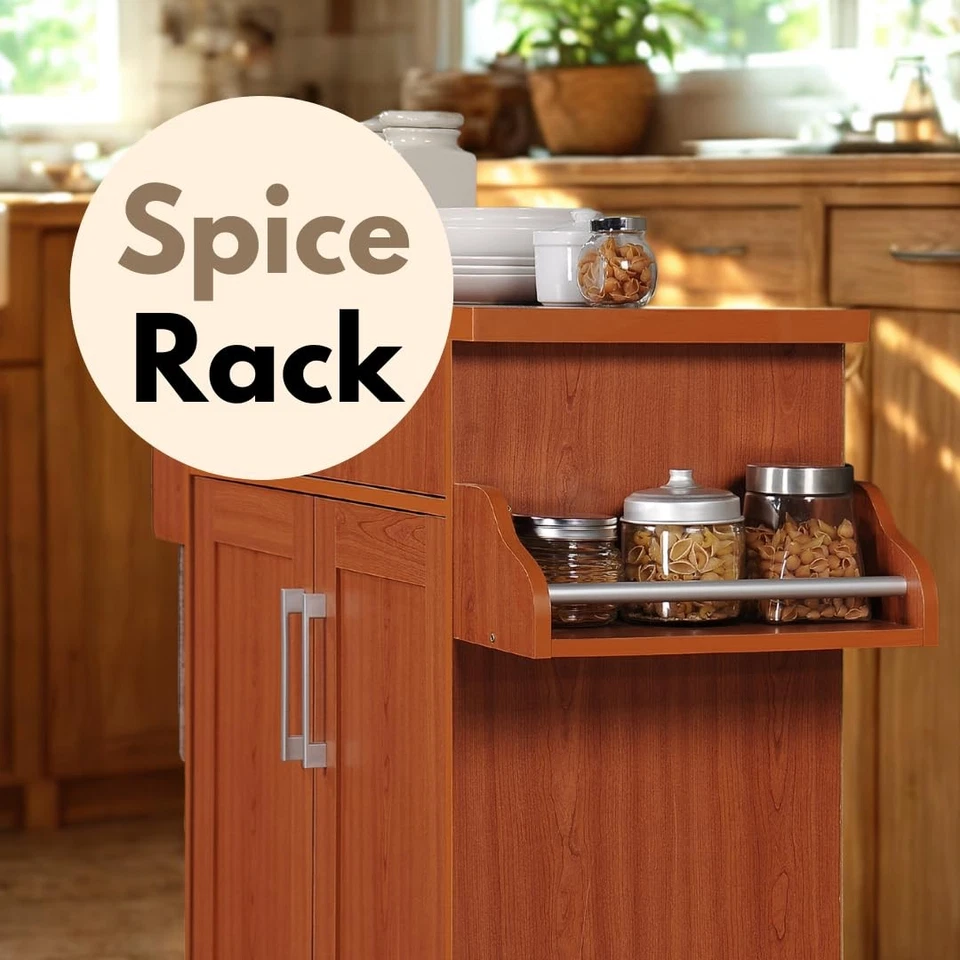 Carro isla cocina madera rodante con estante para especias, toallero, cajón para utensilios... Foto 3 de 4