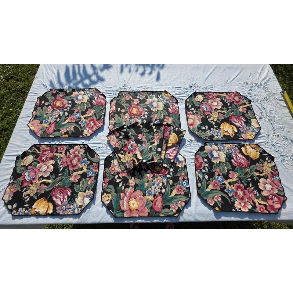 Juego de 6 manteles y servilletas florales de colección decoración de mesa de cabaña cena fiesta azul rosa Foto 2 de 4