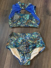 Kandi Kouture Blue & Teal Paisley Dancewear Set –Adult Medium  Crop Top & Briefs