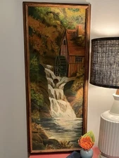 Antique Oil, Painting, Old Water Mill 1928. Solid Oak Frame. ￼