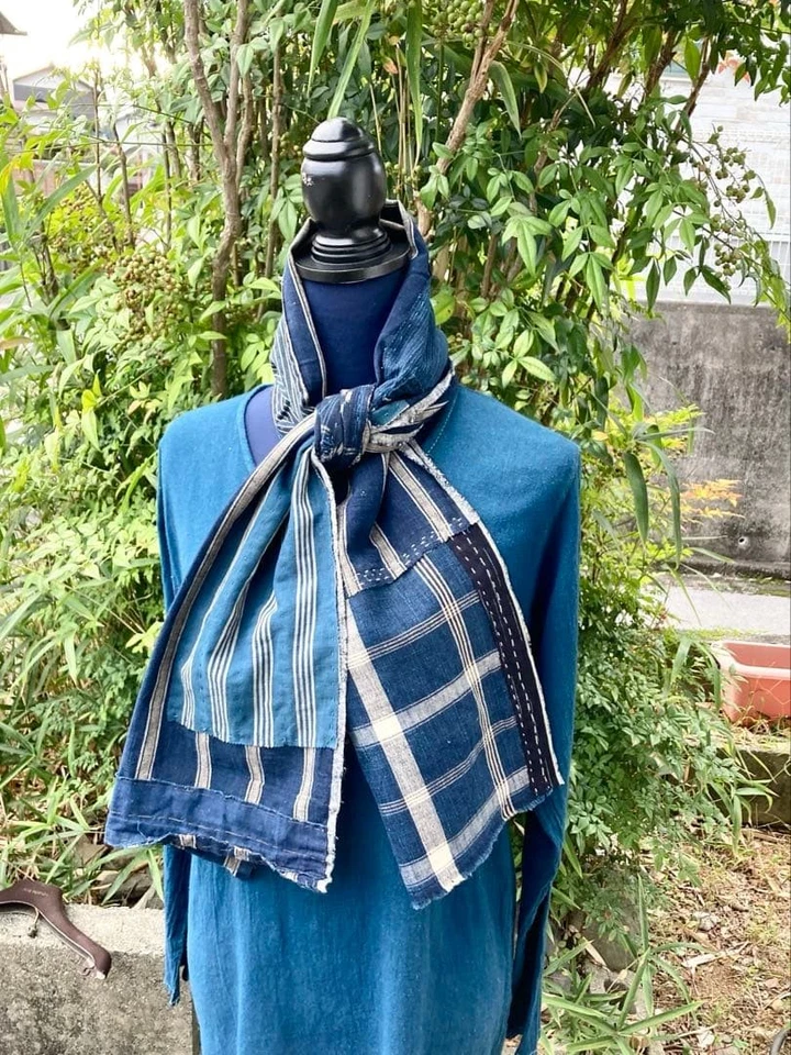 Bufanda BORO Indigo Patchwork 76.8" Cosida a Mano Sashiko Algodón Japonés De Colección Foto 4 de 4