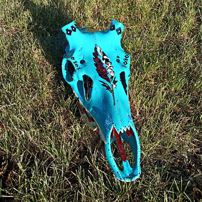 Hand-Painted Turquoise Blue Elk Bull Skull Decor Western Americana Handmade