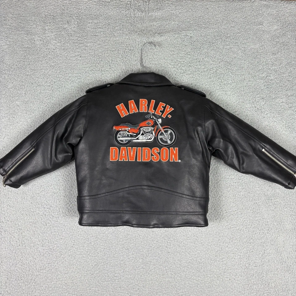 Chaqueta Harley Davidson Niño Pequeño 4T Negra Imitación Cuero Motocicleta Bordado Defecto Foto 2 de 4