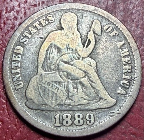 1889 Seated Liberty Dime. Toned. Free Shipping