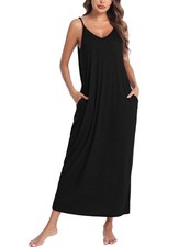 Womens Sleeveless Long Nightgown Sleepwear Cotton Nightshirt Lounge Dress Black