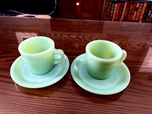 Fire King Jadeite  Restaurant Ware Heavy 2 Sets  Cup & Saucers- Pristine