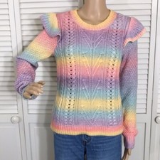 Loft Ann Taylor Ruffled Shoulder Multicolor Pastel Rainbow Knit Sweater Small