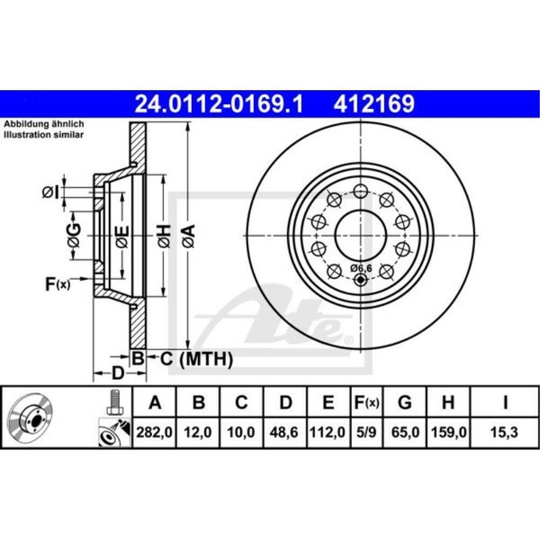 ATE 2X Bremsscheibe Hinten Ø282 Mm Voll FüR VW Golf V 1K1 1.4 16V 1.6 Touran-image