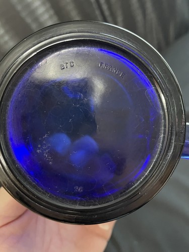 Taza de té de café Mount Hood ferrocarril vidrio azul cobalto Arcoroc Francia rara *362 - Imagen 3 de 5