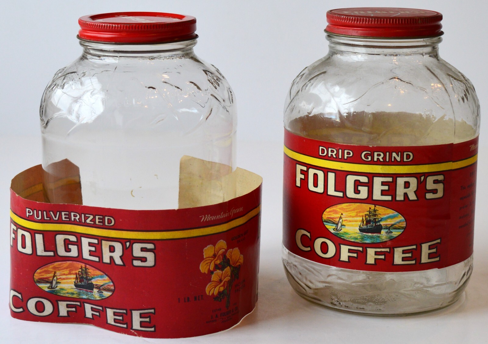 2 Vtg 1940s Folgers Coffee Glass Jar 1 Pound Drip Grind & Pulverized
