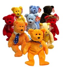 9 -TY Beanie Baby Decade 10 Year Anniversary Bears, Red, Light Blue, Orange Red