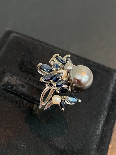 NATURAL PEARL BLACK SAPPHIRE WHITE CZ STERLING SILVER 925 RING EARRING - Picture 10 of 13