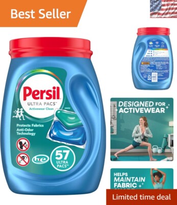 57 Count Activewear Laundry Detergent Pacs for Deep Cleaning & Fabric Care