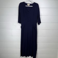 HANNA LE JOURNEE MIDI Crepe Navy DRESS Women Small Retro European