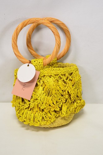 NEU Aranaz Panuela Mini gehäkelte Raffia Eimertasche in gelb