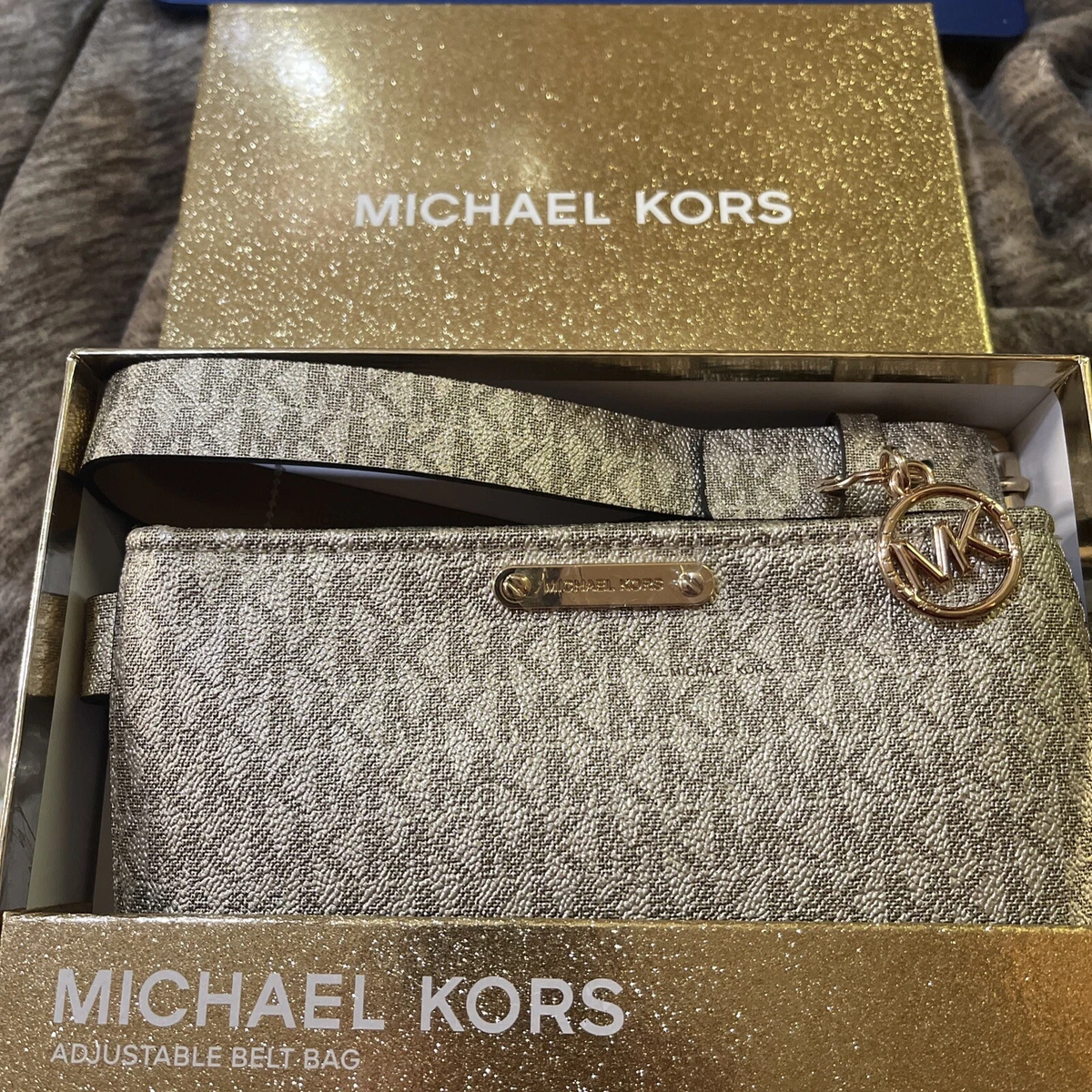 Michael Kors Adjustable Belt, Waist Bag, Fanny Pack MK Logo Gold Color S/M