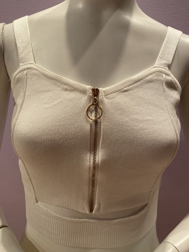 NWT WOMEN'S SEXY CROP ZIPPER KNITTING WITH HOLE WHITE STRAP TANK,TOP, LARGE SIZE - Picture 4 of 5
