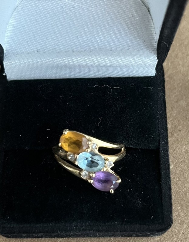 14k Gold Gemstone Ring By CID Citrine Aquamarine Amethyst Diamond Accents 7.5/8