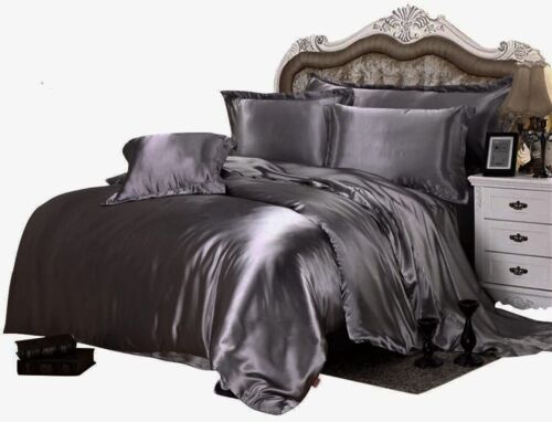 Dark Gray 7 Pc 100% Pure Satin Silk Comforter Set Oversized King  Size 500 GSM - Afbeelding 1 van 3