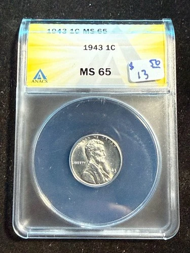 1943 LINCOLN WHEAT STEEL CENT ANACS MS 65 202