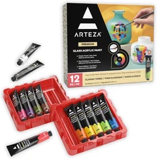 ARTEZA Glass Paint – Acrylic Paint Set of 12 Classic Colors, 0.74 Fluid Ounce Tu