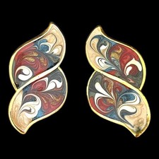 Vintage 1980s Gold Tone Earrings Marbled Shimmer Enamel Pierced NOS - 3I