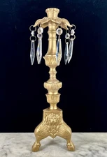 Vtg Brass Gold Metal Ornate Hanging Prism Jewels Candlestick Candle Holder 16” T