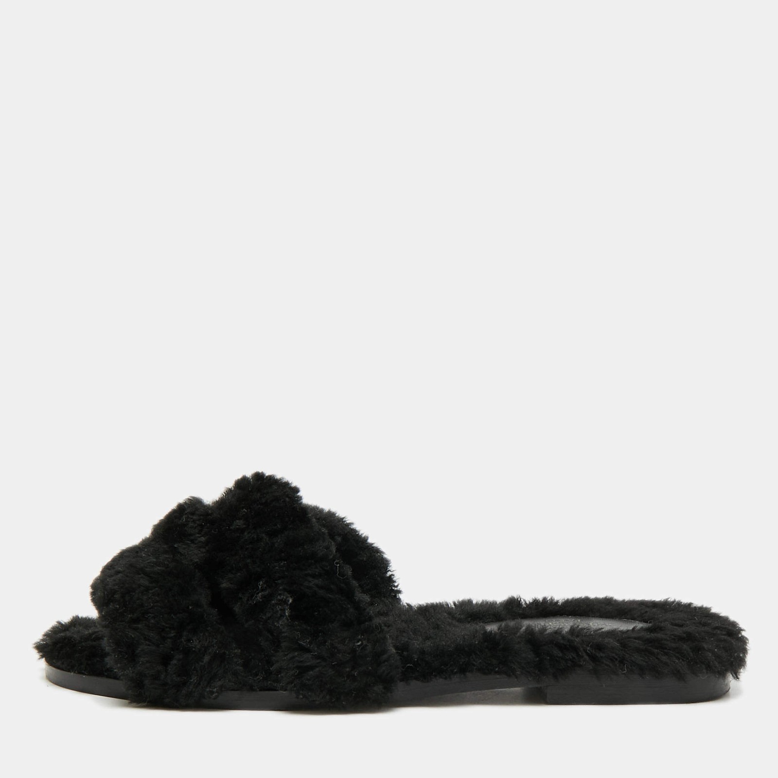 Hermes Oran Size 35 Black Shearling Fur Flat Sandals