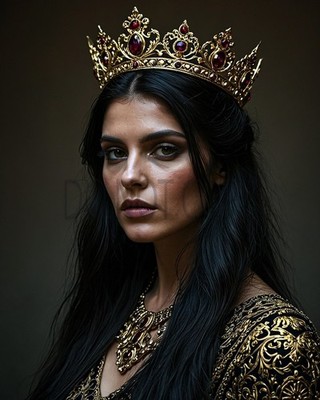 Dark Queen Medieval Crown Ruby Jewels Golden Gown Portrait Fantasy Art Print