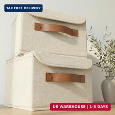 Decorative Linen Storage Boxes with Lids - Spacious Set of 2 Organizer Bins for