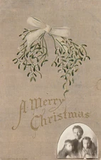 Vintage Postcard Mistletoe alongside inset photo of mom with two young children