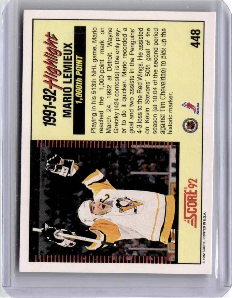 1992-93 Score Hockey Card Mario Lemieux A Pittsburgh Penguins #448 - Image 2 of 2