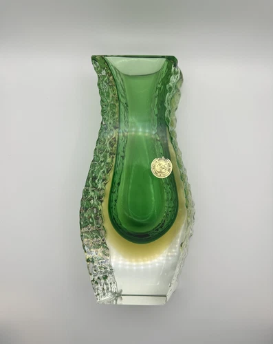Sommerso MURANO Glass Etched Vase By Alessandro Mandruzzato- Green & Yellow