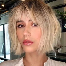 Short Ombre Blonde Human Hair Wig with Bangs None Lace Wigs Party Wigs for Women