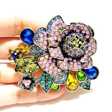 Woman Elegant Multi-colour Peony Flower Rhinestone Crystal Gold Tone Brooch Pin