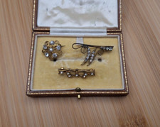 2 Small Antique Brass Clear  Stone Brooches, masquerade mask, floral + W letter