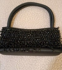 Vtg Small Beaded Black Handled Purse/ Clutch Magnetic Snap Closure Satin Look