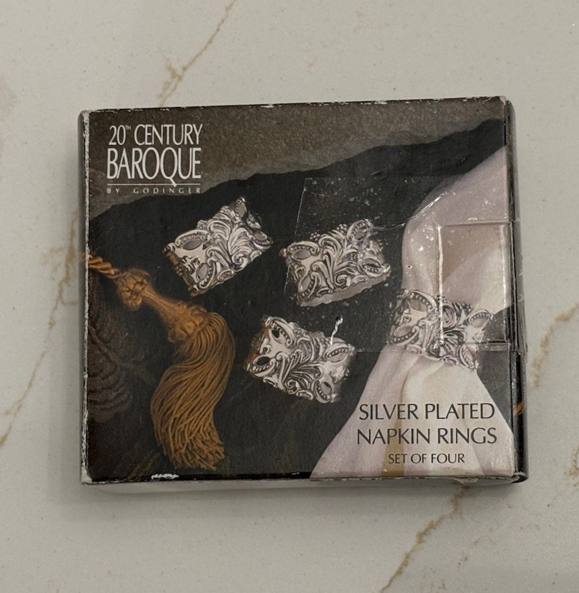 VTG 1993 Godinger 20th Century Baroque Napkin Rings Silverplate Set of 4 w/Box