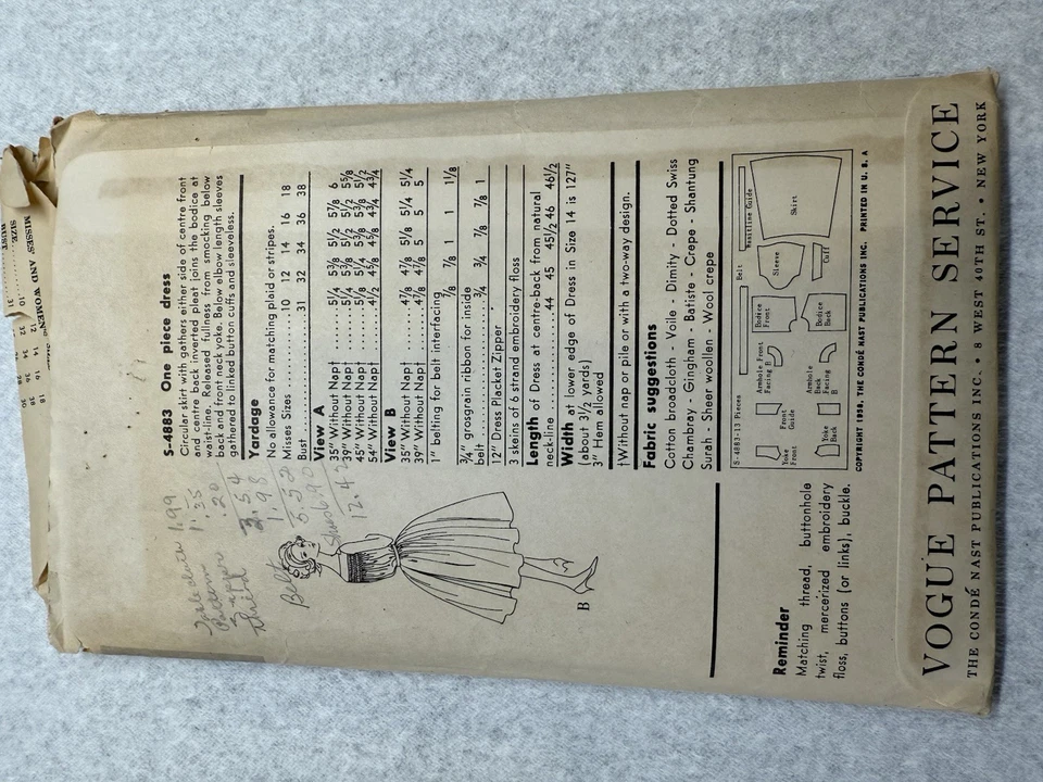 Vestido De Colección Años 50 Vogue Diseño Especial Patrón Calzoncillo S-4883 Talla 12 32 Busto 34 CORTE de Cadera Foto 4 de 4