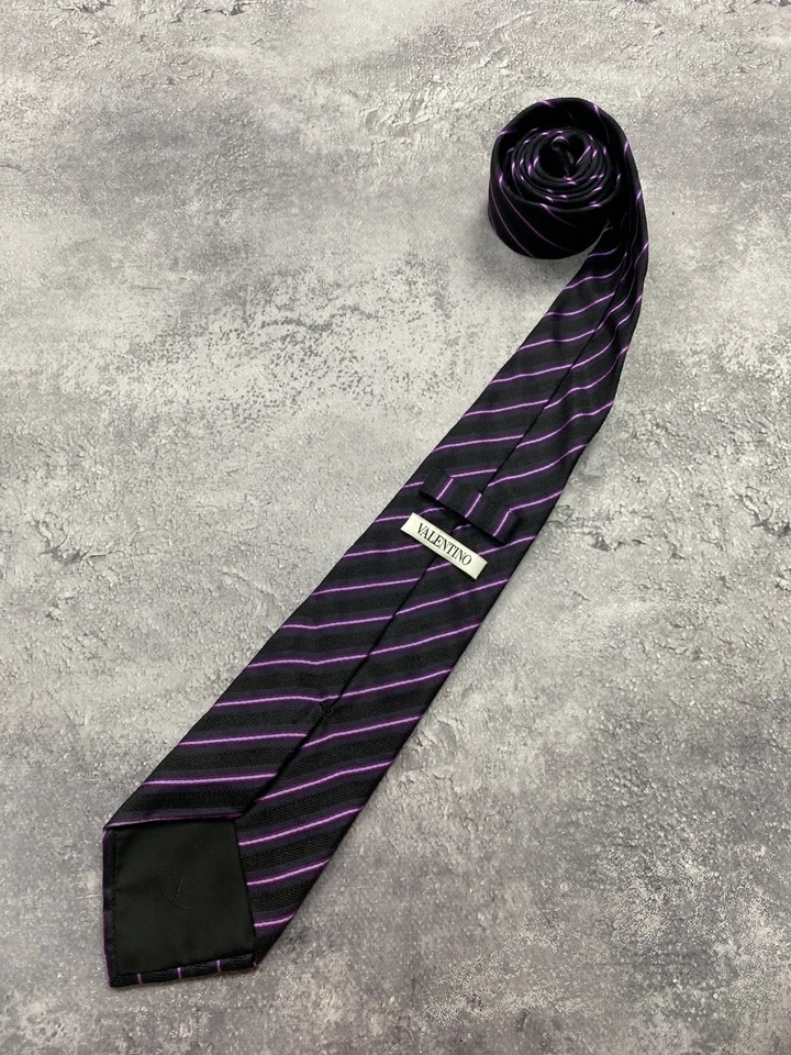 VALENTINO Men's 100% Silk Necktie LUXURY Purple Black Striped Tie Made in Italy - Image 3 of 4