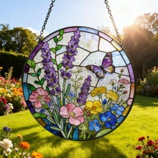 Charming Butterfly Sun Catcher Stained Glass Sunflower Iris Flower Garden Autumn